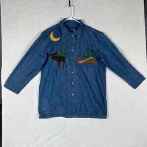 VTG Sun Belt Denim Shirt Womens Large Blue Moose Canoe Moon Applique Button Up
